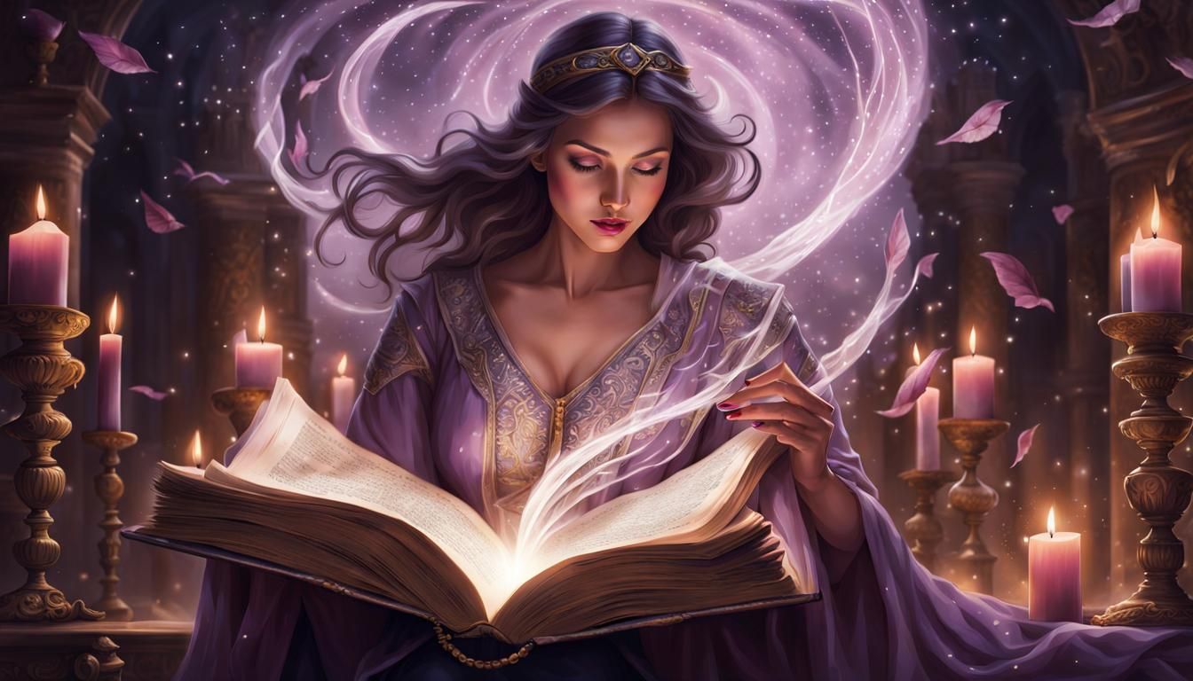 Beautiful Mage in Ancient Library, Maximalist Fantasy Art