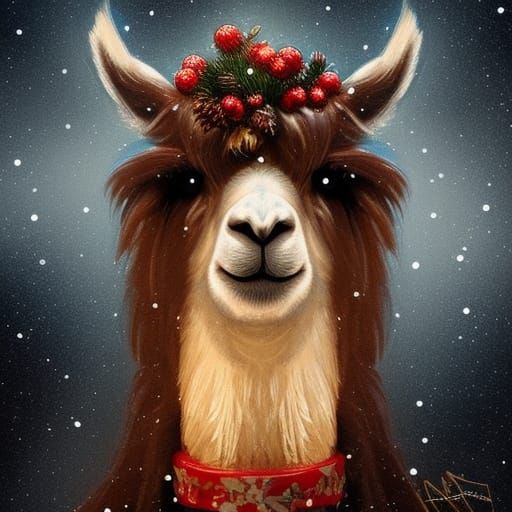 Llama Portrait Aglow with Christmas Lights