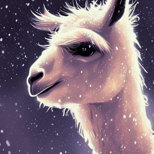 Llama in Snowy Night with Christmas Lights