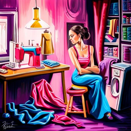 Barbie-Style Sewist in Pink Clothing, Digital Graffiti Art