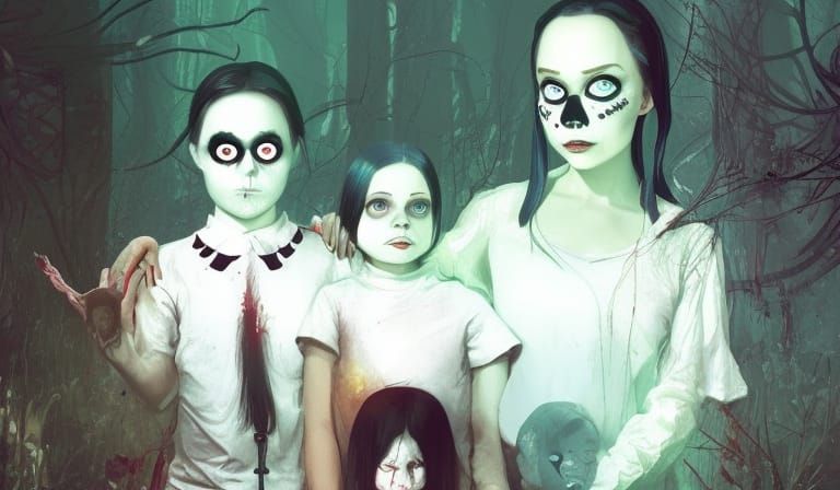 Creepy Face Appears in Family Photo: Horror Illustration