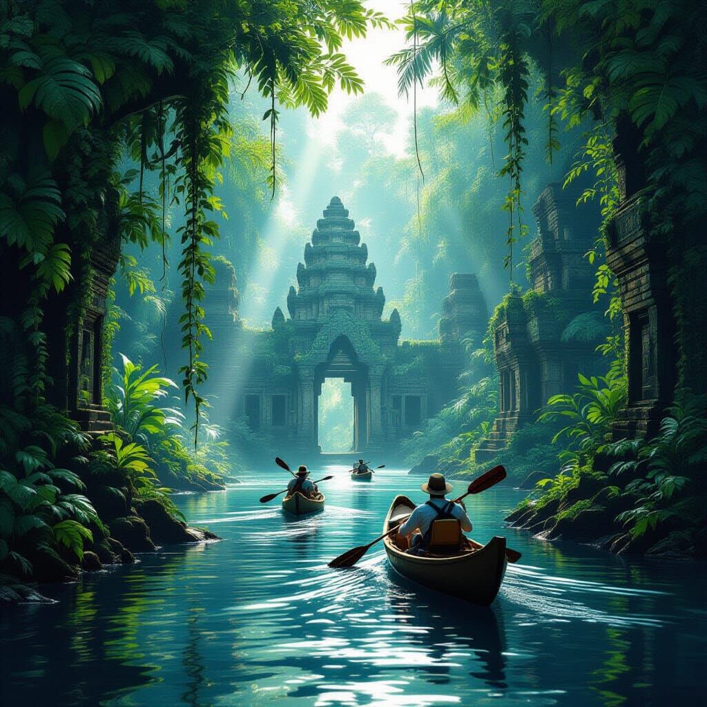 Lost Jungle Temples and River Explorers Digital Painting