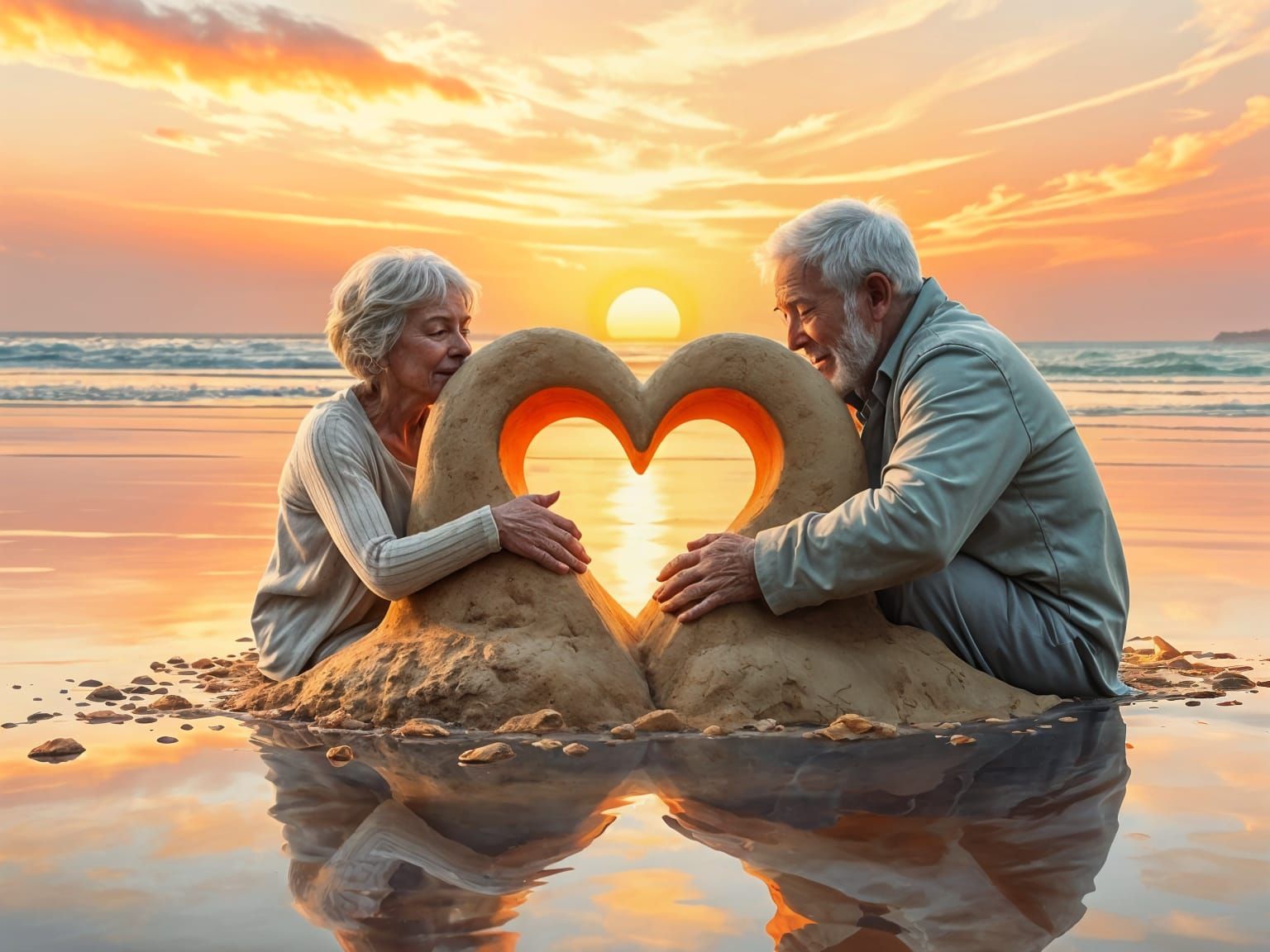 Heartfelt Beach Scene: Oil Painting of Elderly Couple