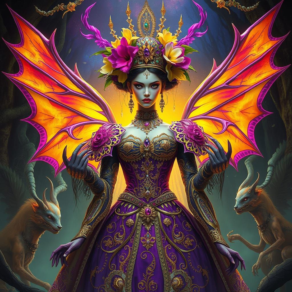Dark Fantasy Princess with Exotic Flowers and Warrior Fashio...
