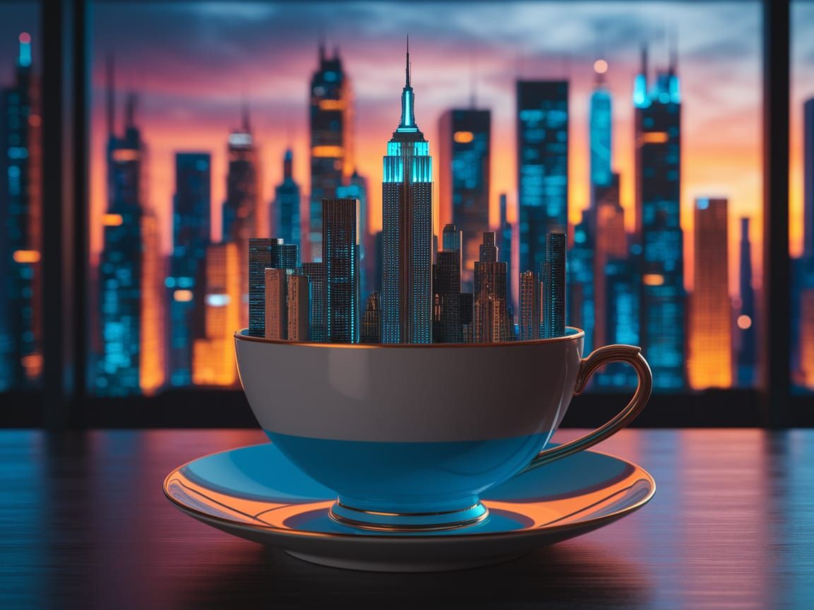 Cyberpunk NYC Teacup Metropolis at Dusk