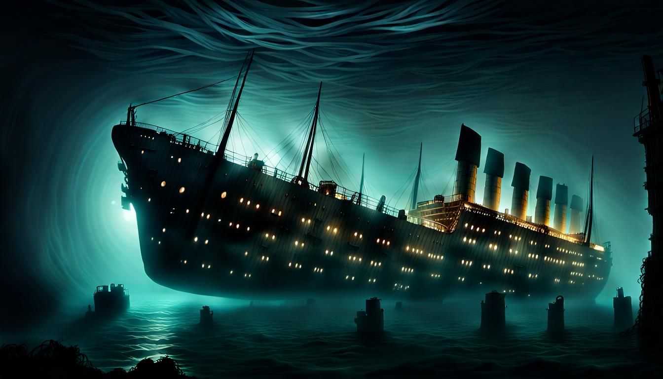 A high-quality digital artwork capturing the eerie and ghostly remains of the Titanic shipwreck submerged underwater at ...