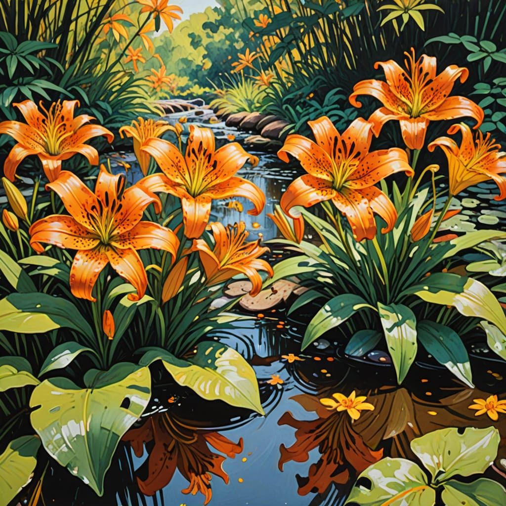 Impressionist Gouache: Tiger Lilies by a Stream