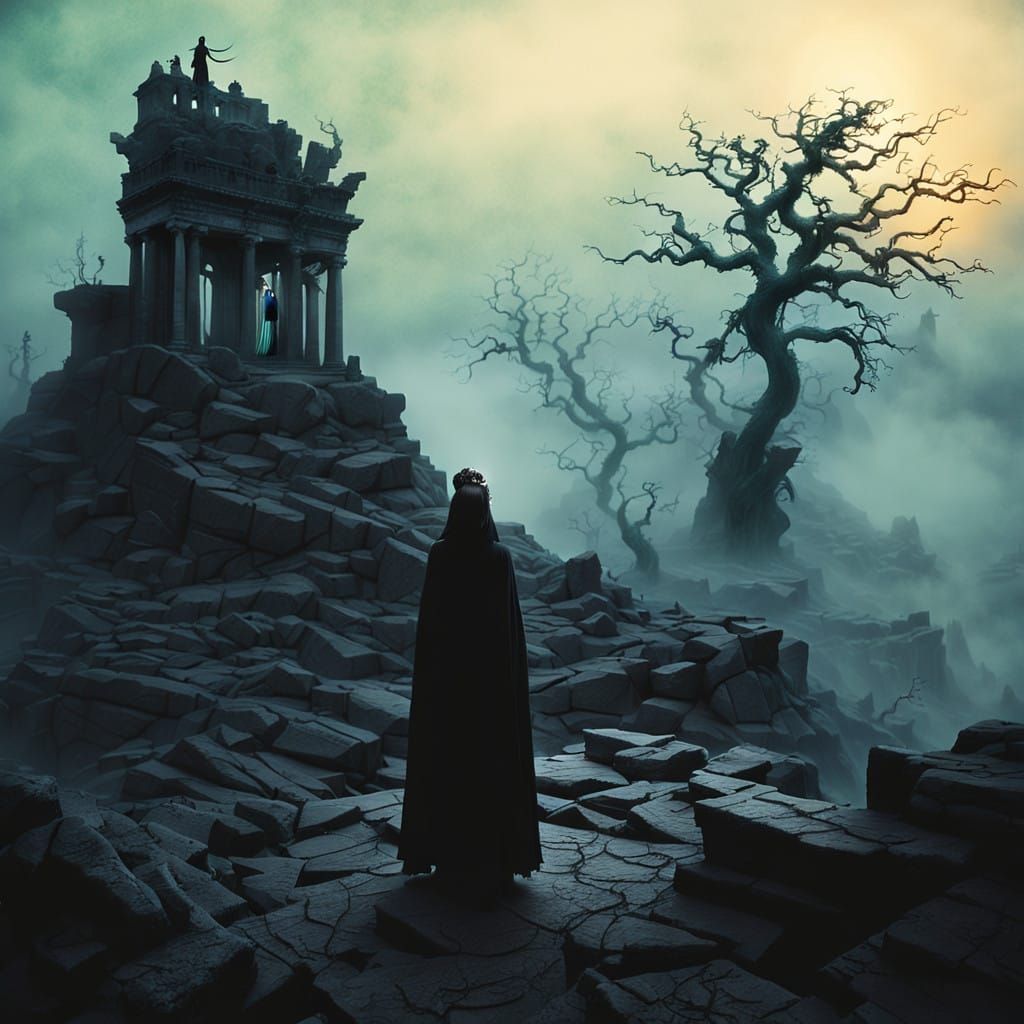 Ethereal Female Gothic Figure Amidst Twisted, Glowing Landsc...