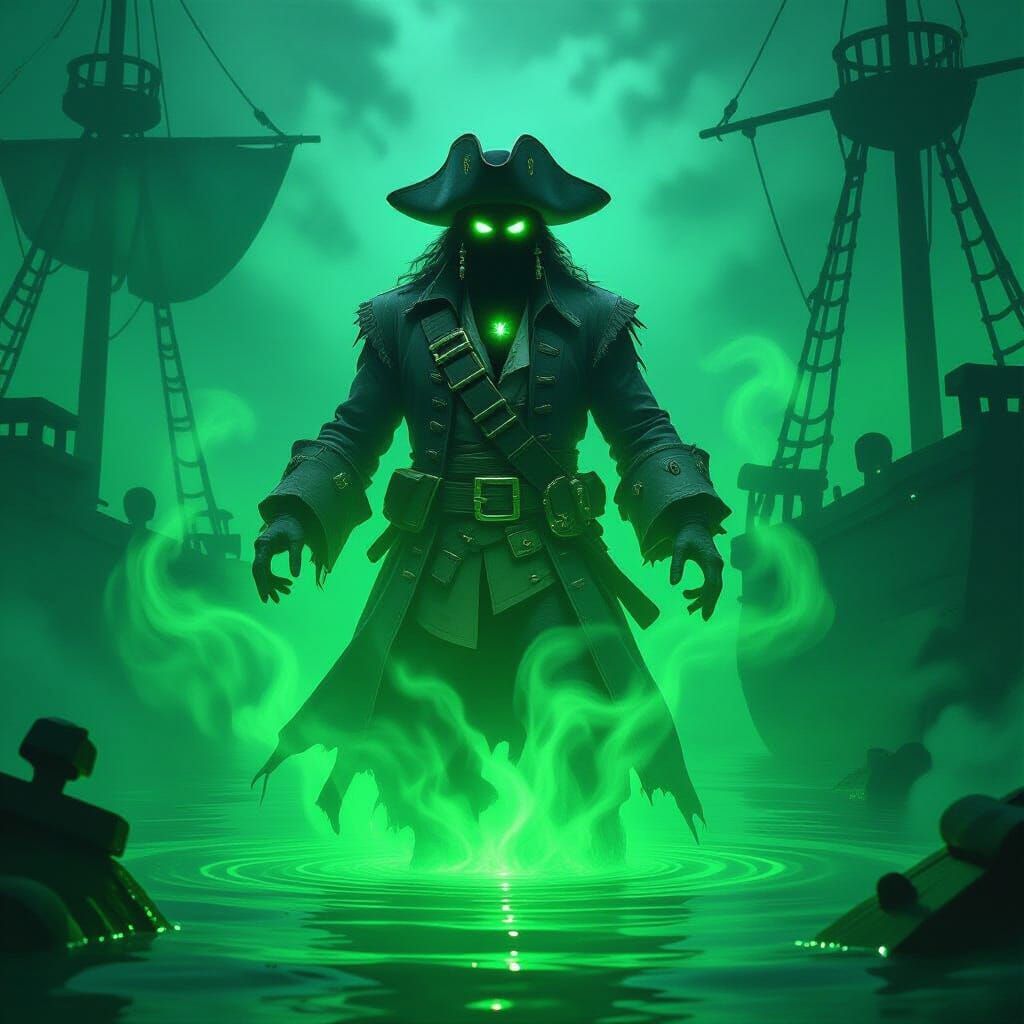 Ghostly Pirate Spirit Over Glowing Green Water