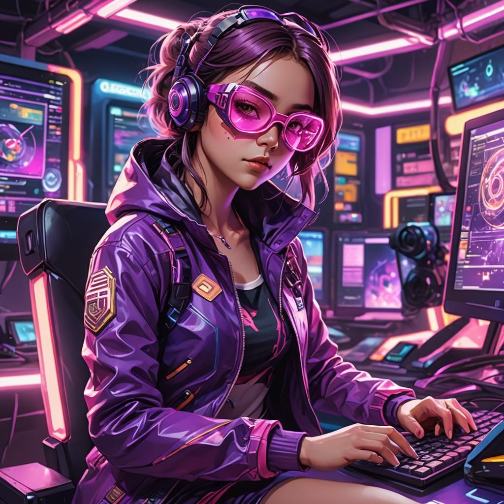 Anime Hacker Girl in Cyberpunk Neon Portrait