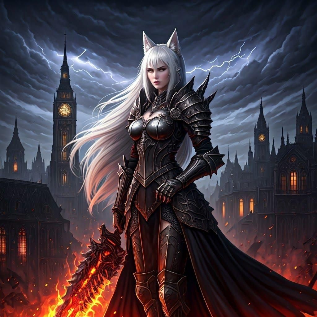 Wolf-Eared Warrior in Dark Fantasy Cityscape