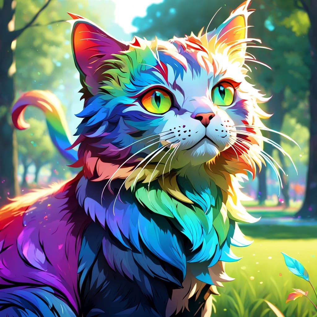 Vibrant Rainbow Feline in a Park - Intricately Detailed Port...