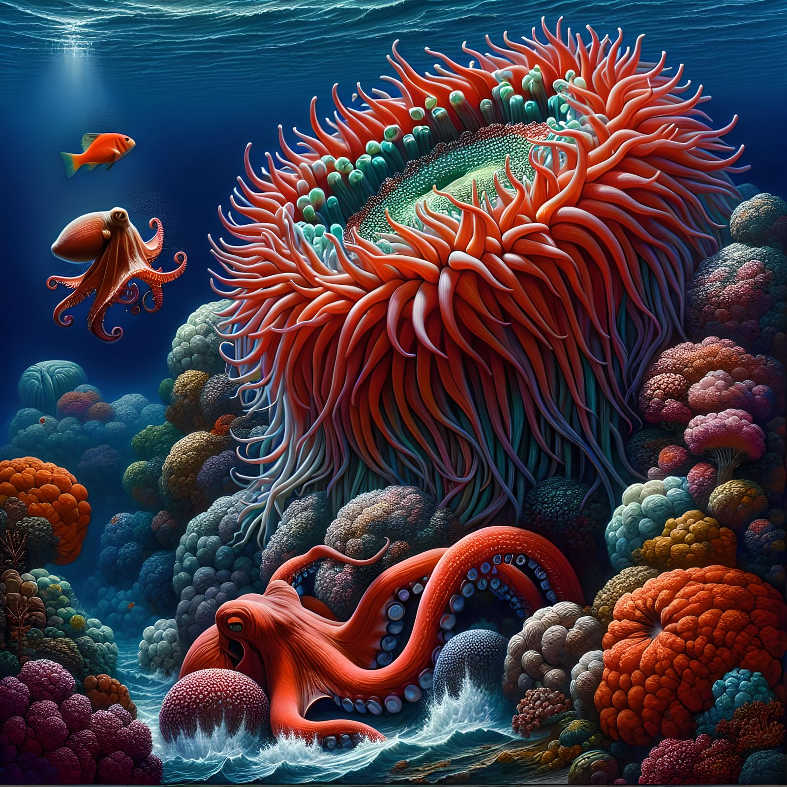 Majestic Sea Anemone on Coral Reef: Oil Painting