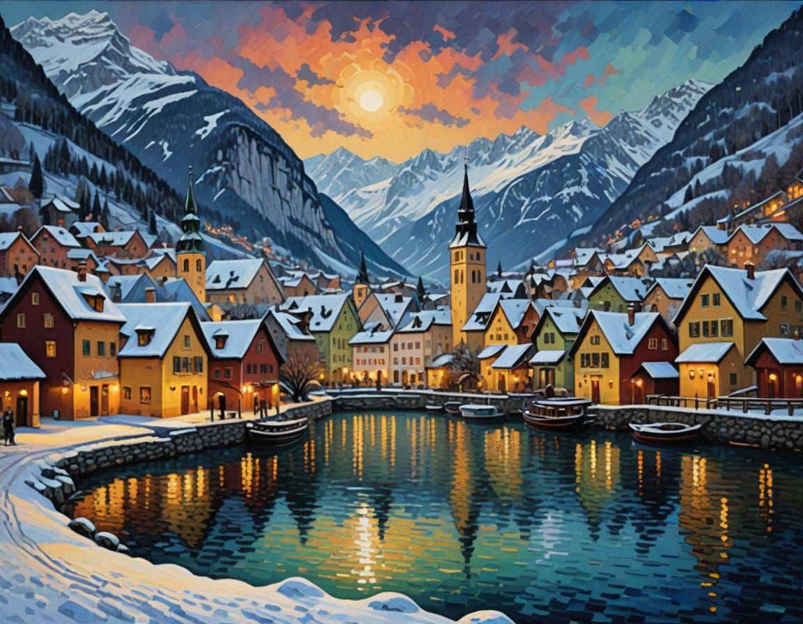 Hallstatt in Winter: An Impasto Pointillist Painting