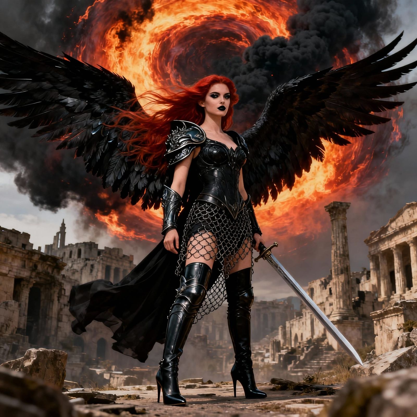 Goddess with Red Hair and Black Wings in Ruined City