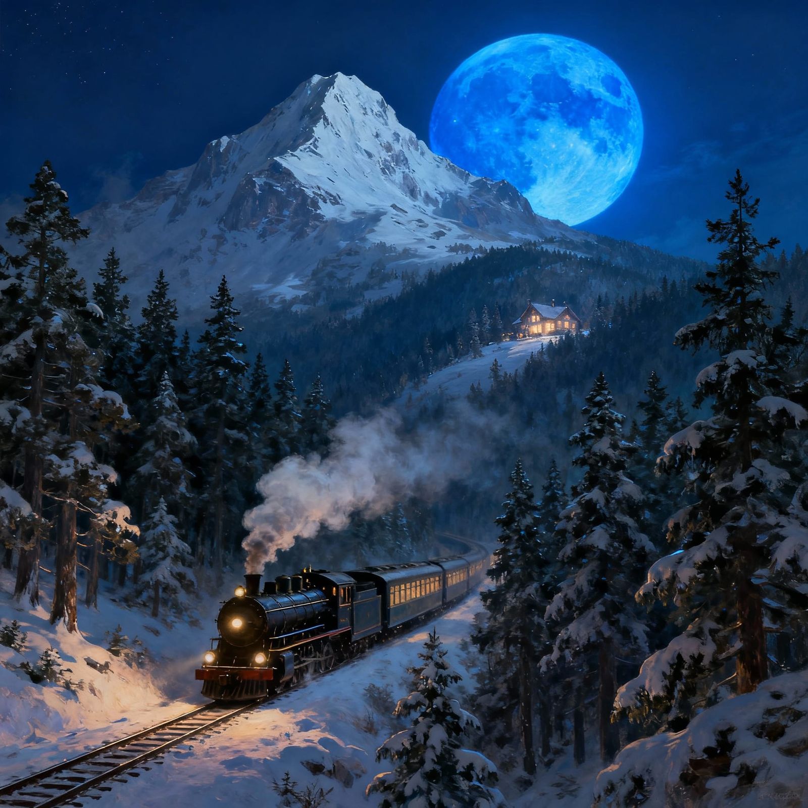 Orient Express Train in Snowy Forest Under Giant Moon