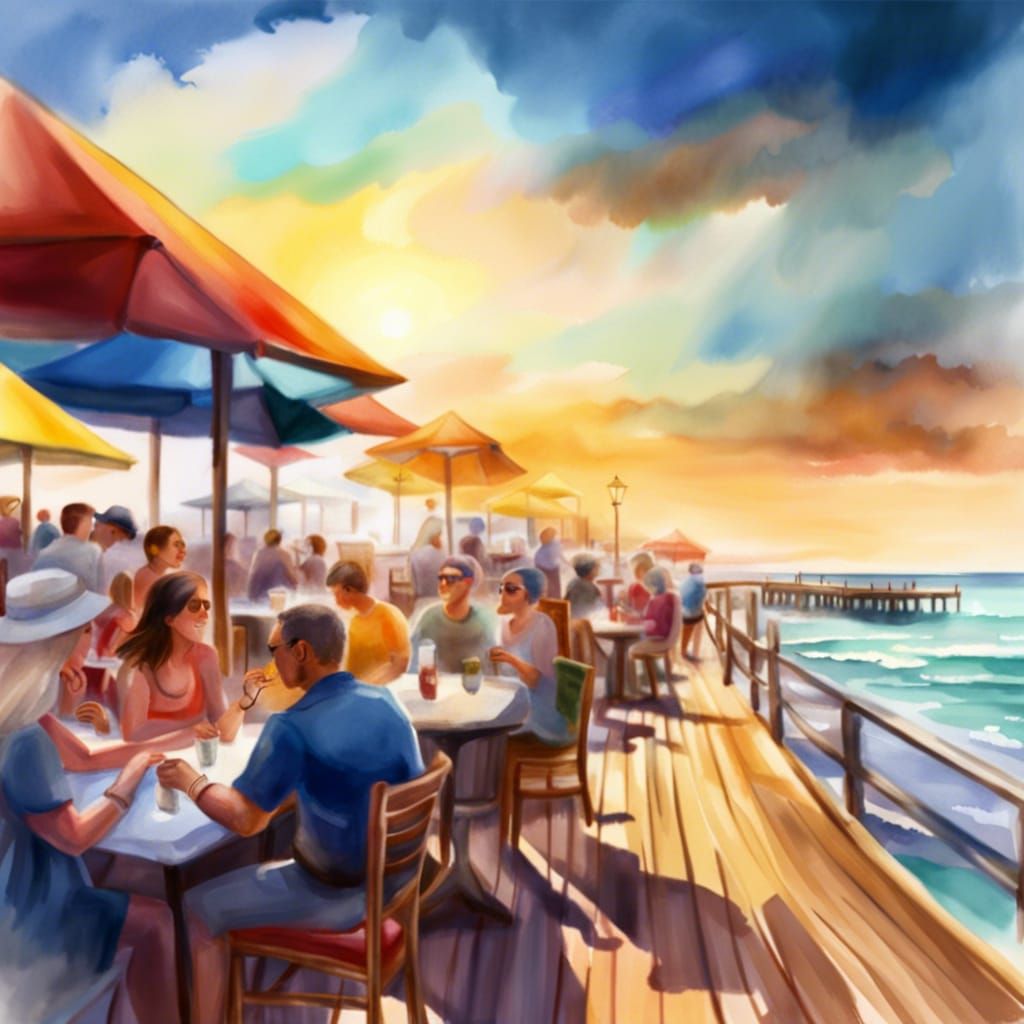 Watercolor Boardwalk Restaurant Scene in Summer