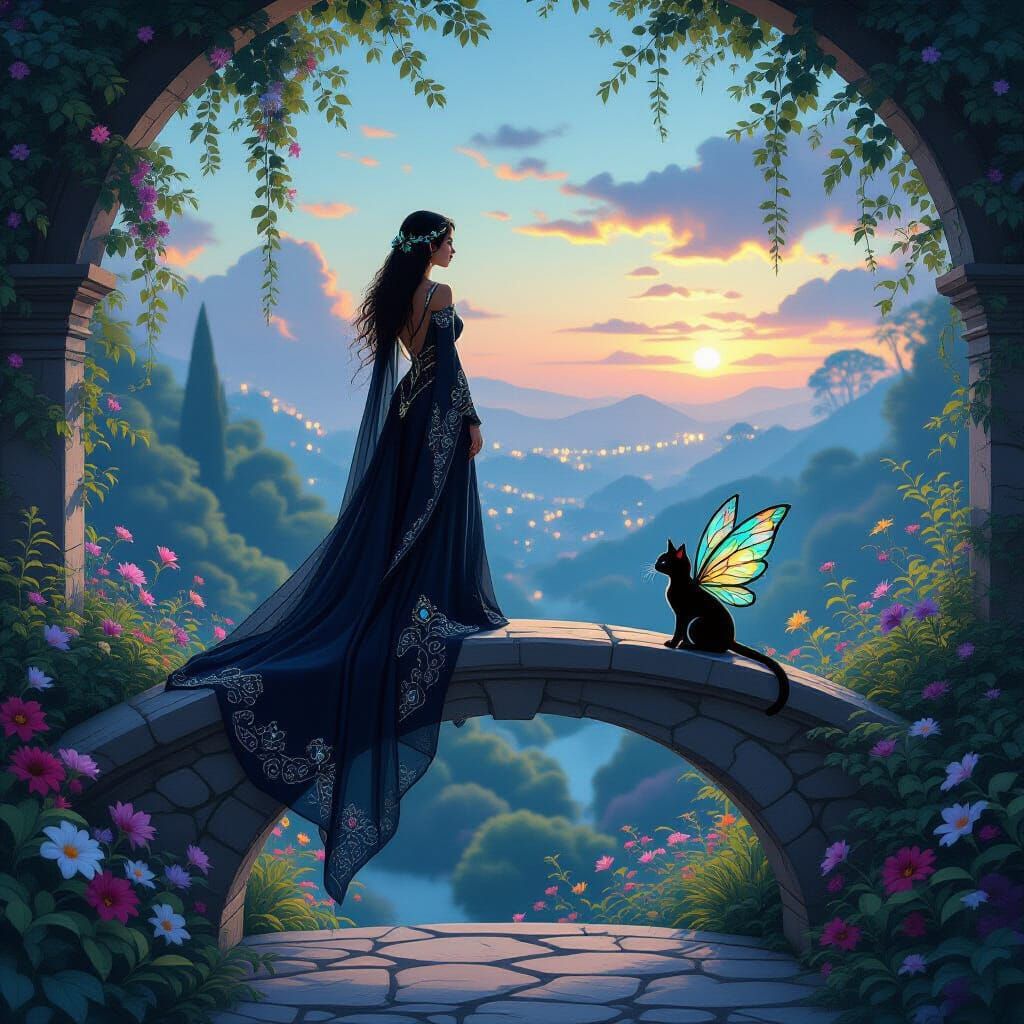 Twilight Garden Woman with Cat Fairy