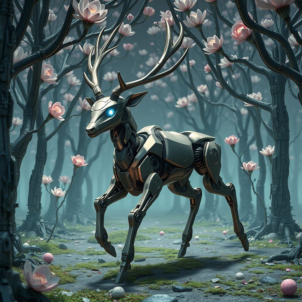Futuristic Robot Stag Prancing in Metallic Forest