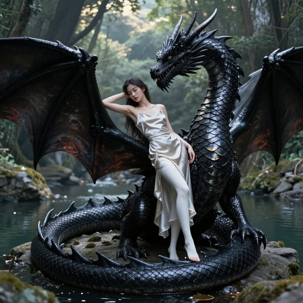 Asian Woman with Dragon by Mountain Pool