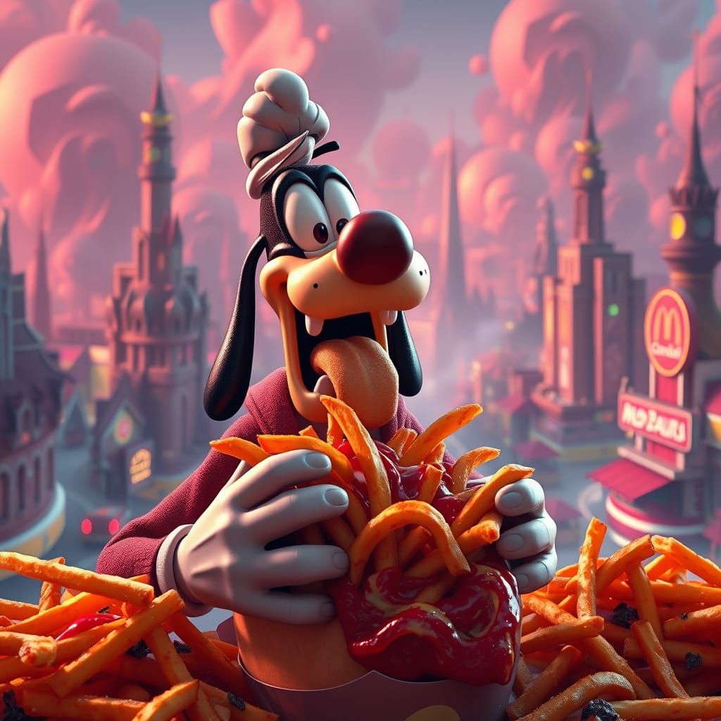Goofy Devours Vibrant Fries in a Futuristic Cityscape