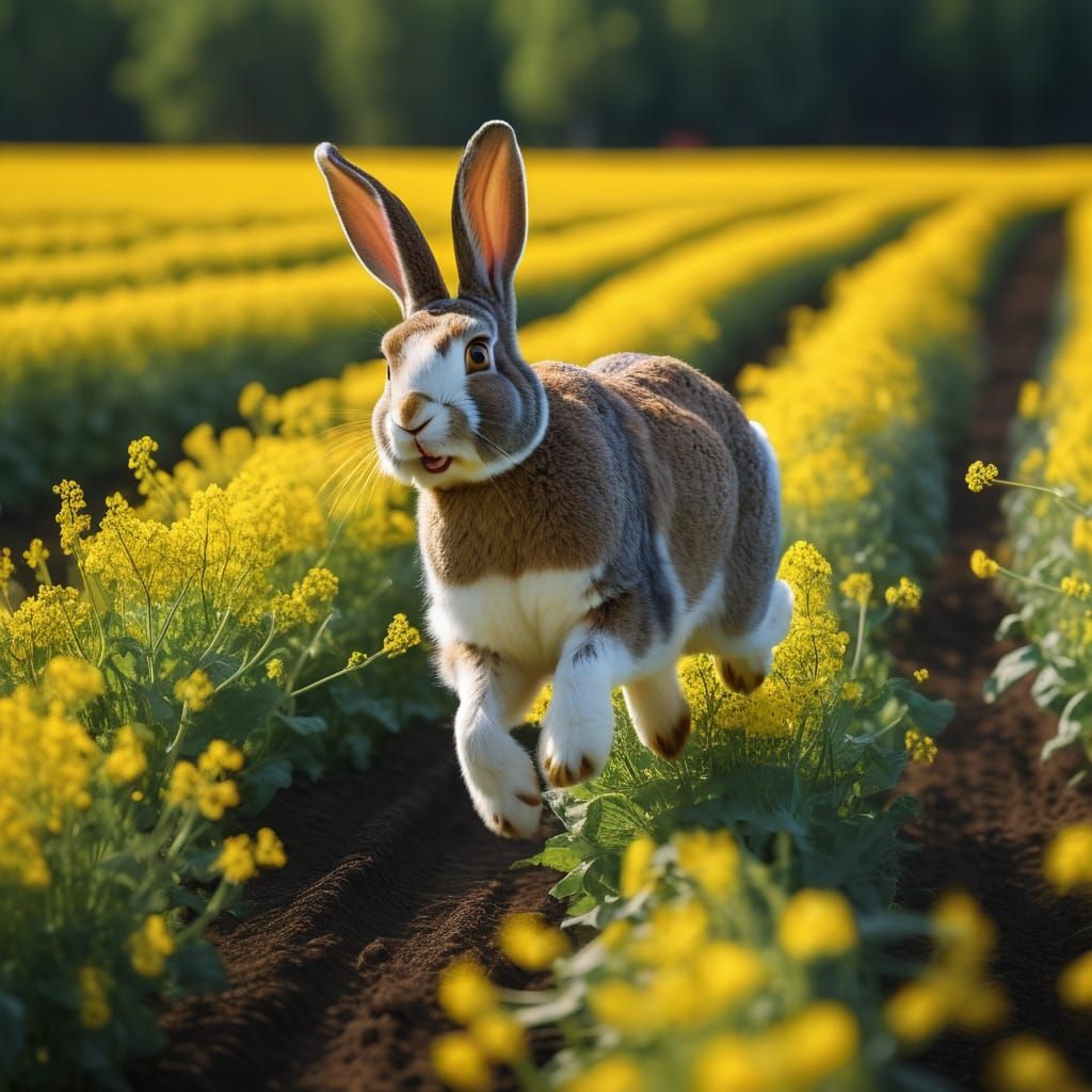 Rabbit Flies Over Rapeseed Field on Carrot