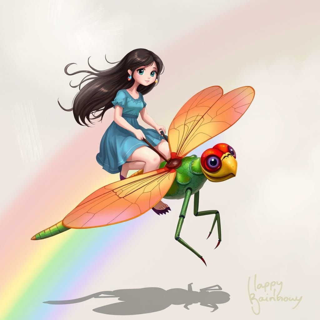 A Girl Riding a Majestic Rainbow Dragonfly in Fantasy Art