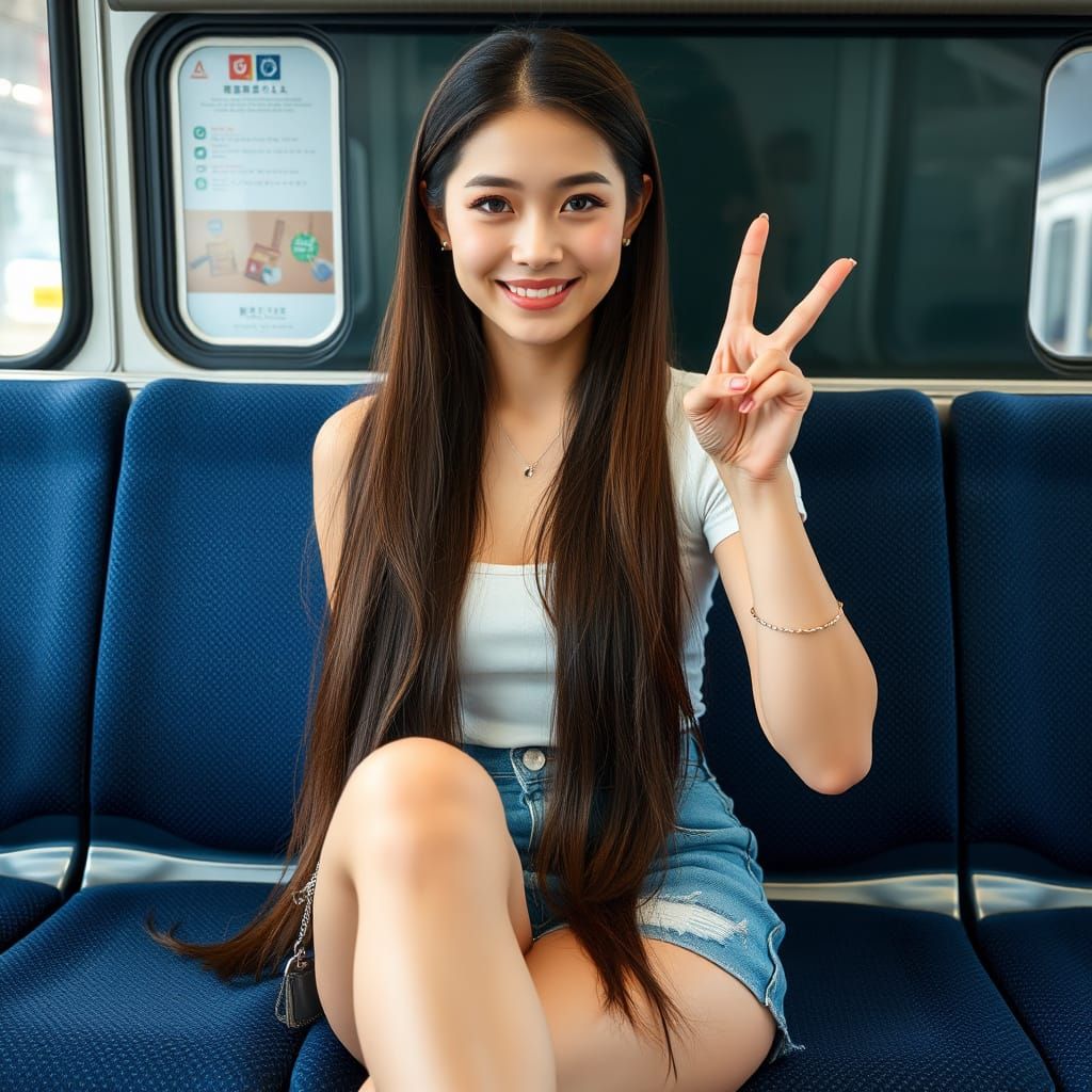 Japanese Beauty in Casual Chic, Long Hair and Peaceful Eyes