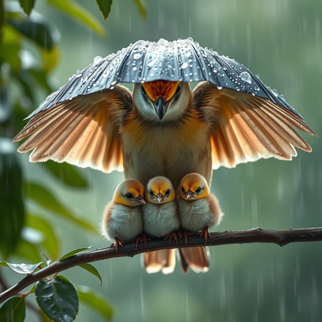 Mother Bird Protects Chicks Under Wings in Gentle Rain