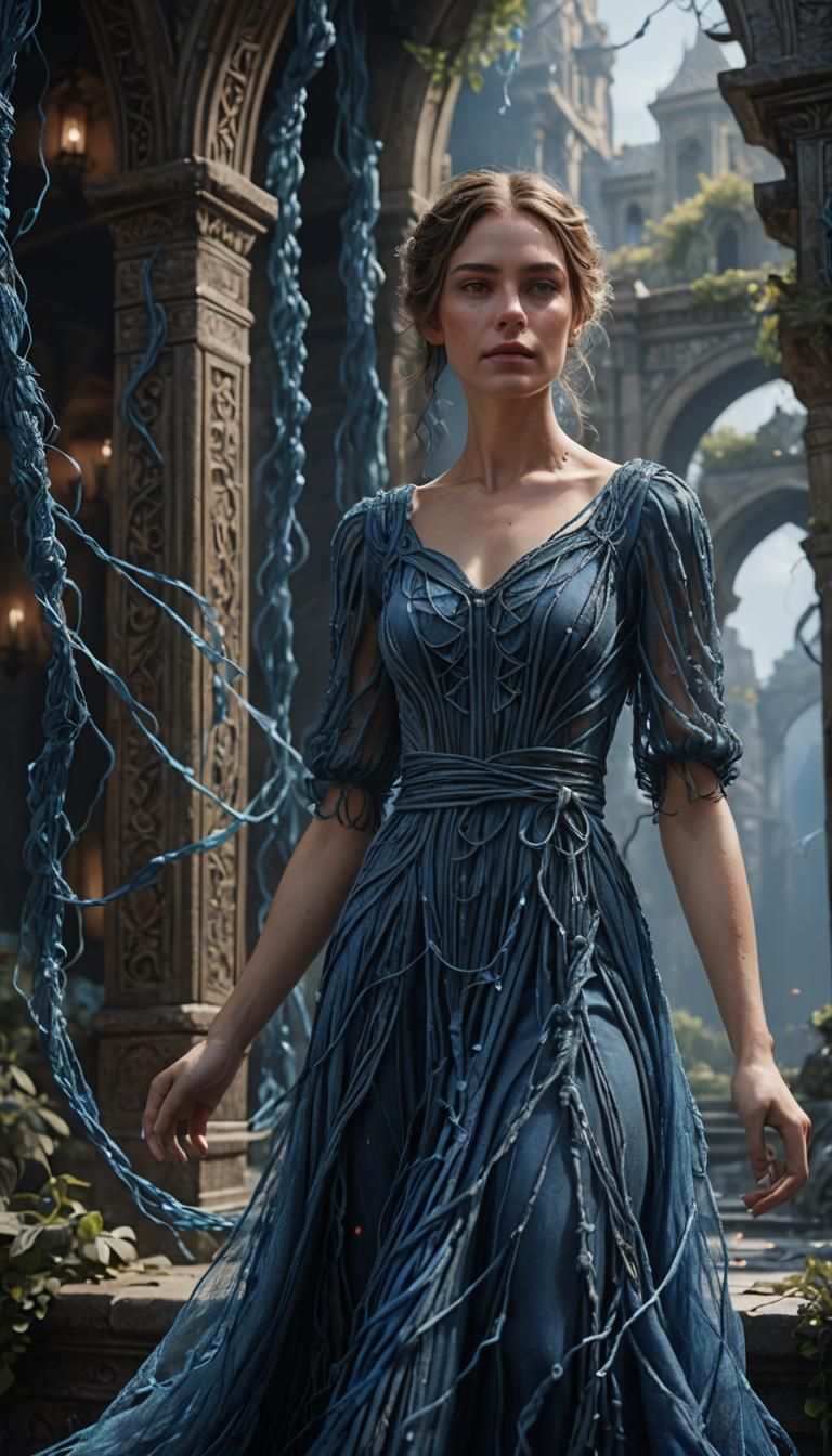Woman in Blue String Dress: Fantasy Concept Art