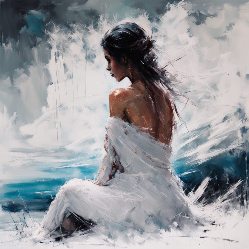 Dreamy Arctic Figure in Distressed Acrylic Sketch Style