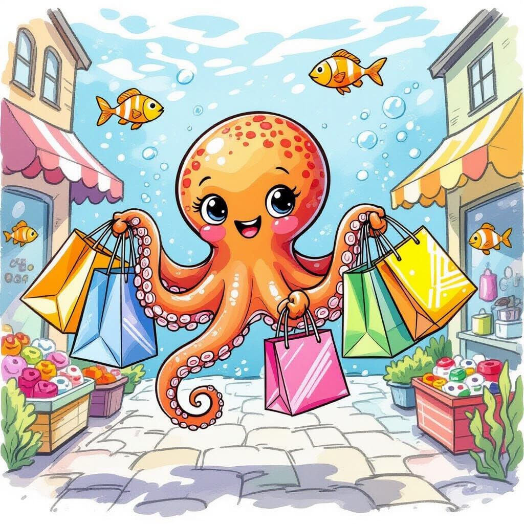Cartoon Octopus Shopping Spree in Watercolor Style