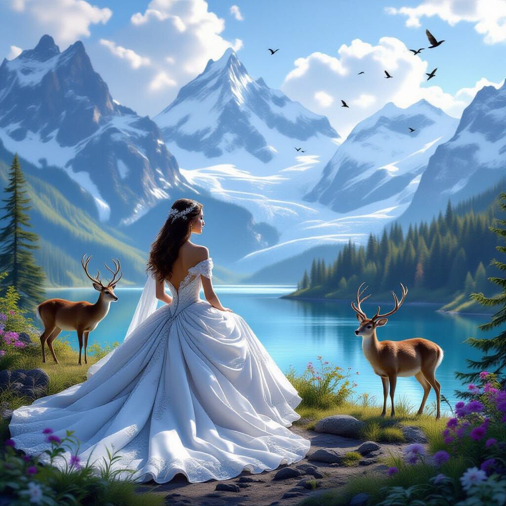 Woman Gazes at Glacial Mountains in Digital Matte Painting
