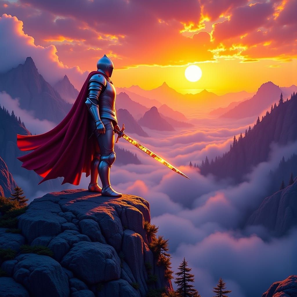 Brave Knight in Silver Armor at Enchanted Forest Sunset