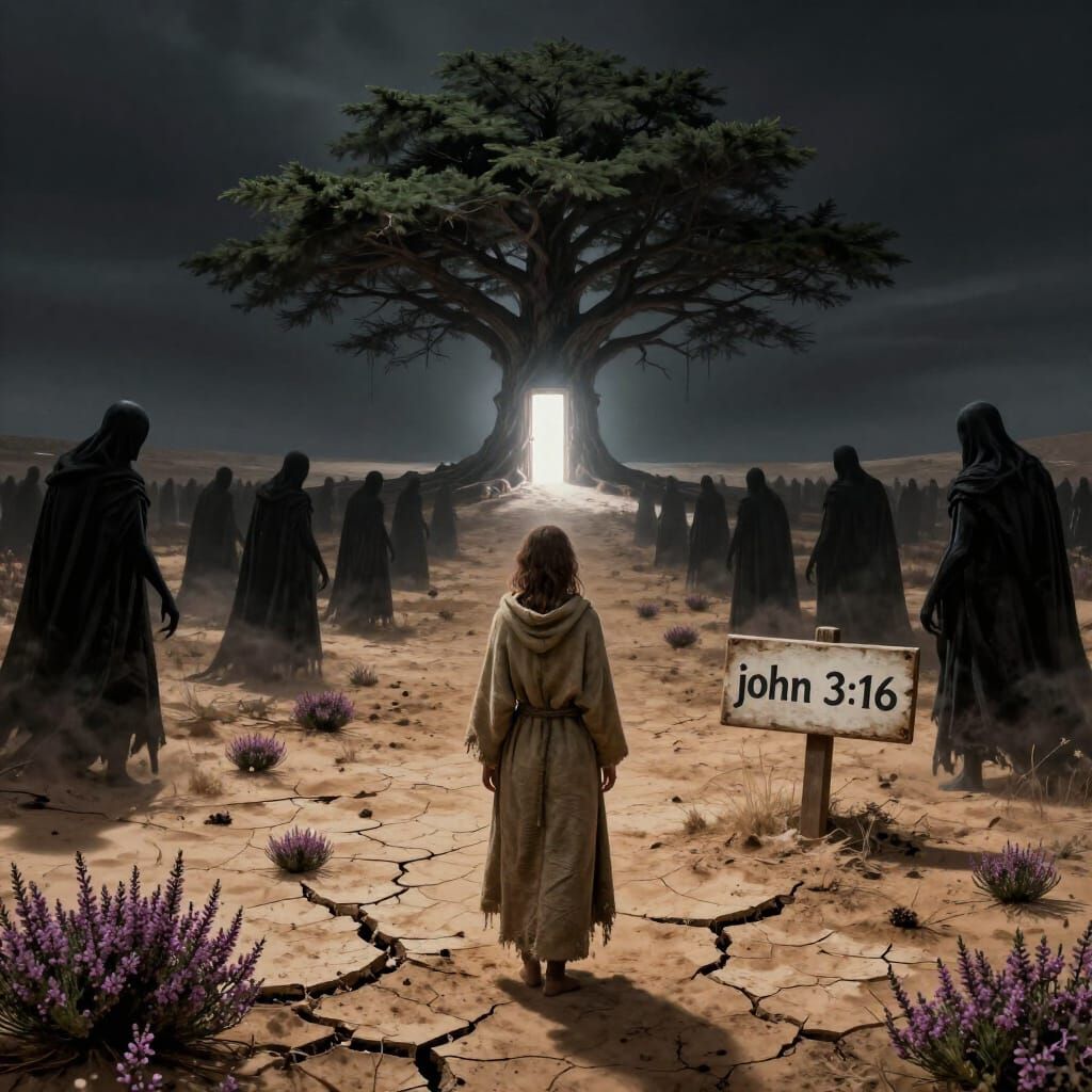 Woman in Desert Facing Darkness, Tree of Life