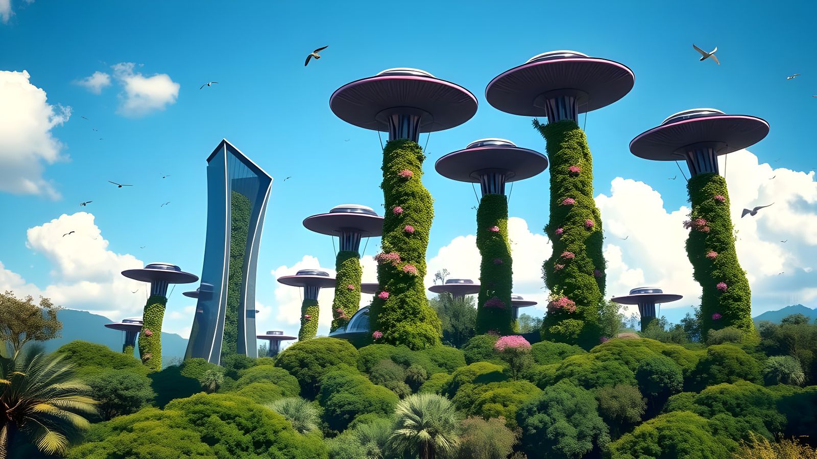 Violet Mushroom Skyscrapers in Solar Punk Cityscape