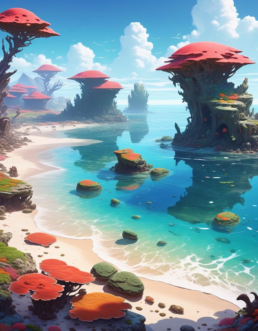 Vibrant Fantasy Beach with Coral Rock Formations