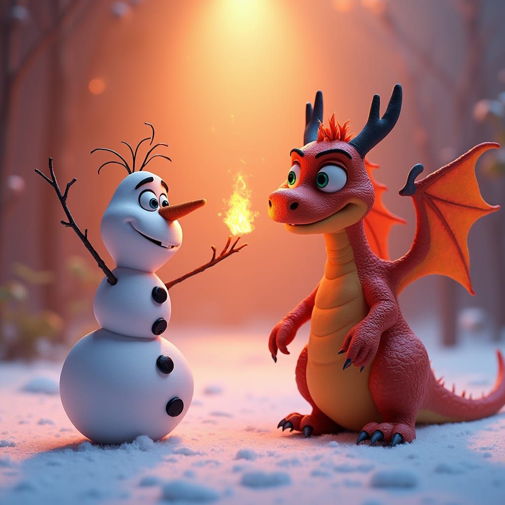 Snowman Befriends Fire Dragon in Pixar Style