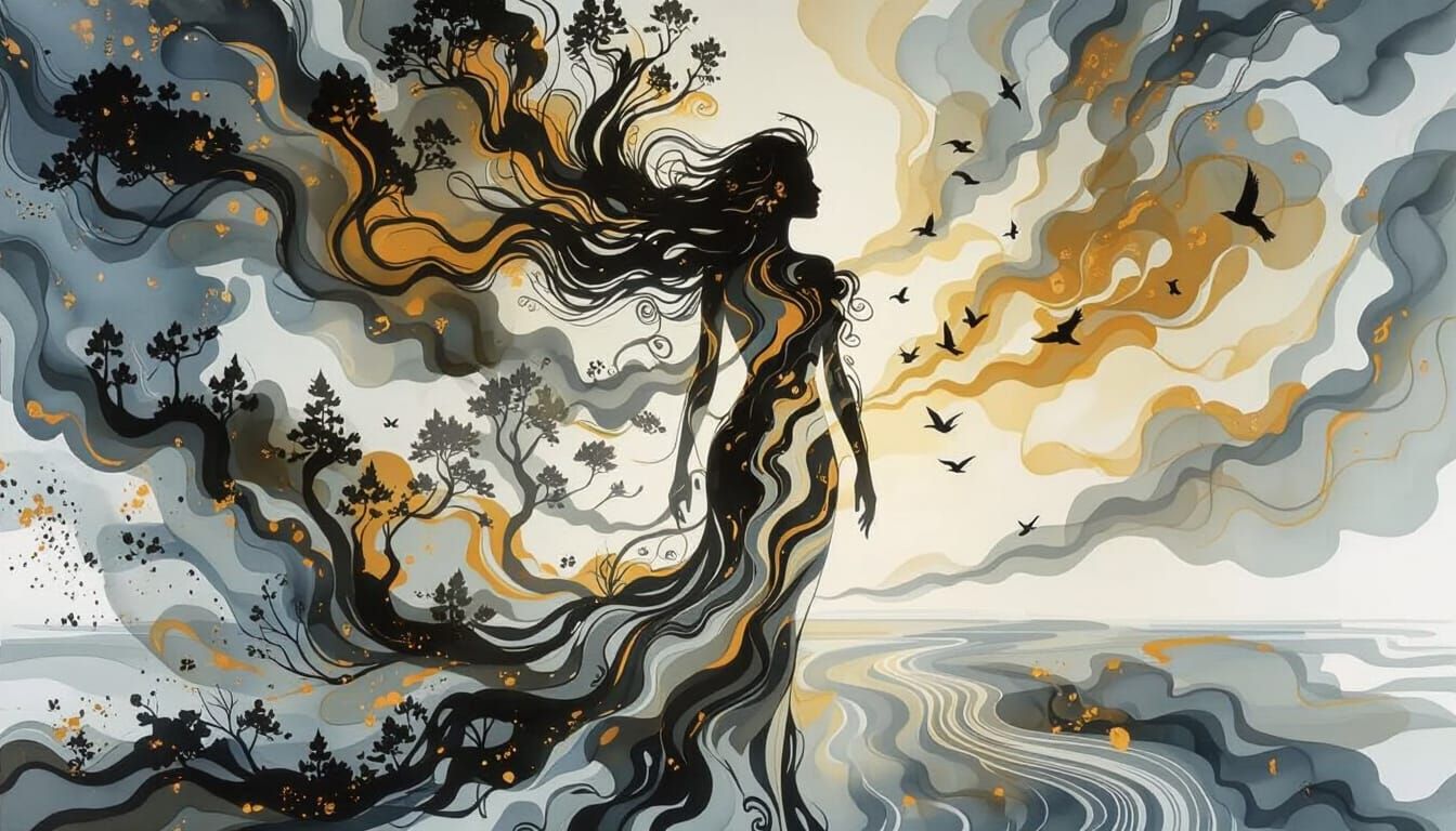 Ink Silhouette Under Liquid Gold Sky