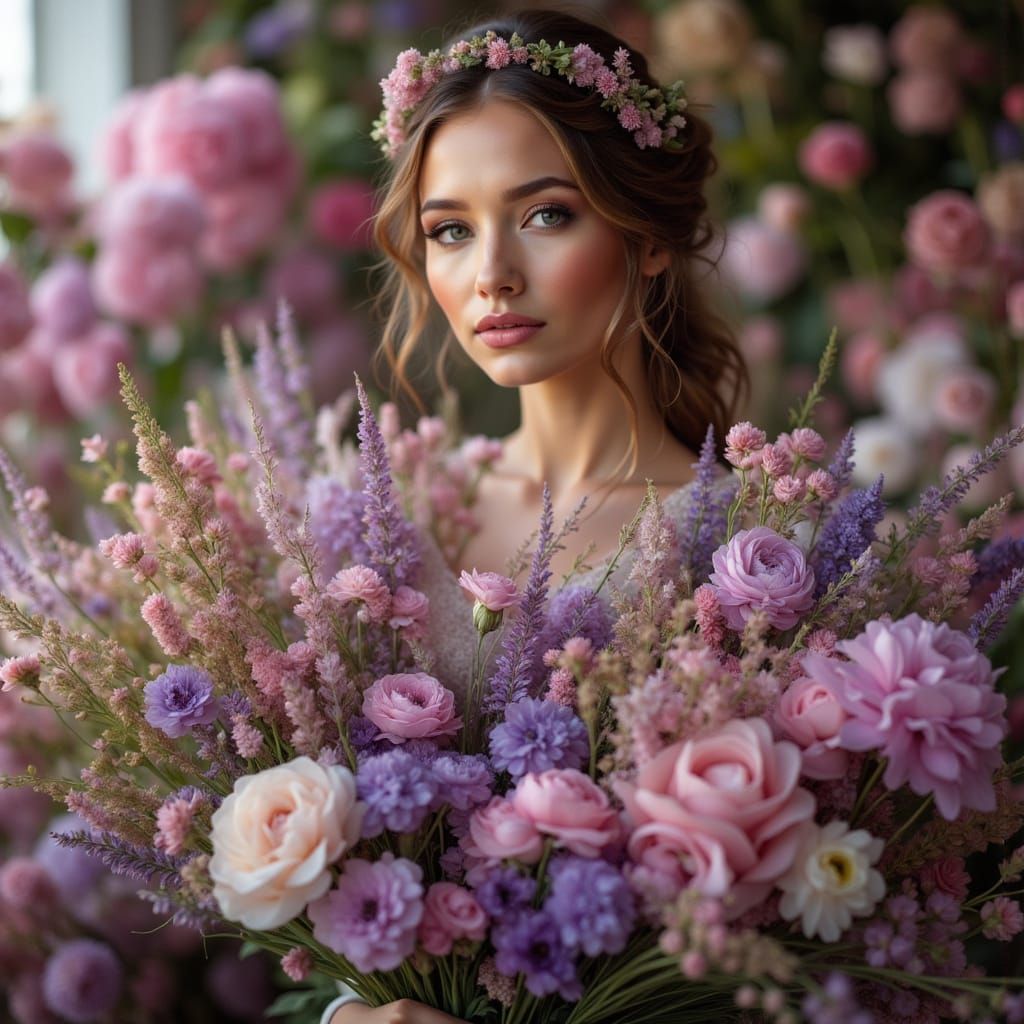 Female Florist Arranging Bouquet with Bokeh Effect