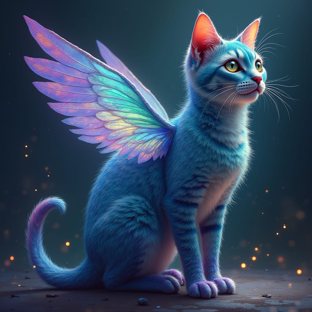 Majestic Winged Cat in Enchanted Realms