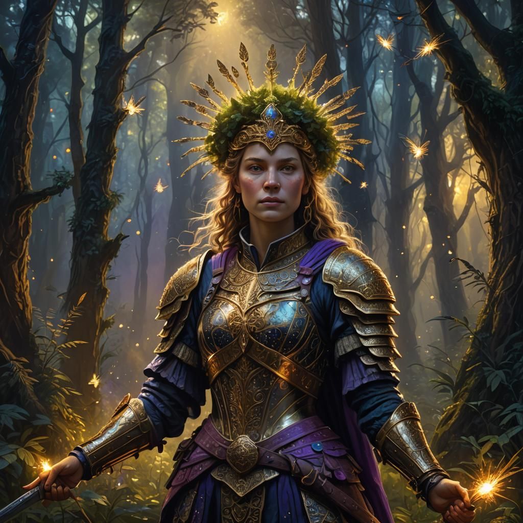 Regal Warrior in Mystical Forest, Digital Art