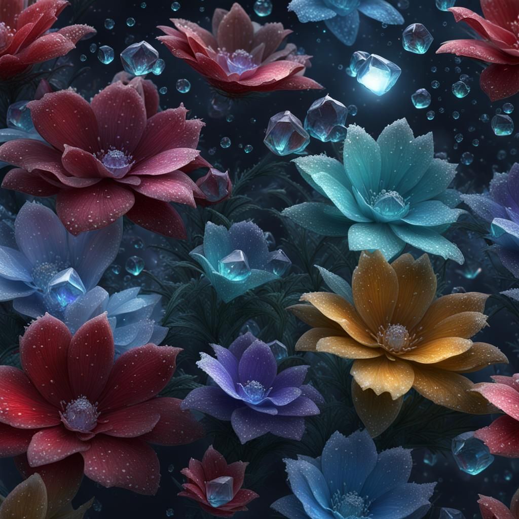 Crystalline Dew: Frozen Petal Fantasy in Detailed Painting