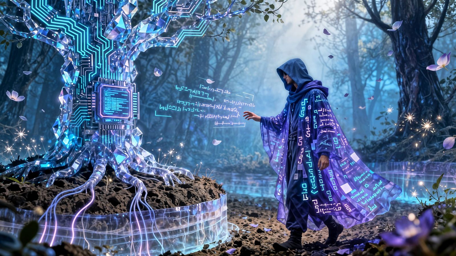 Hooded Mage-Hacker in Bioluminescent Digital Forest