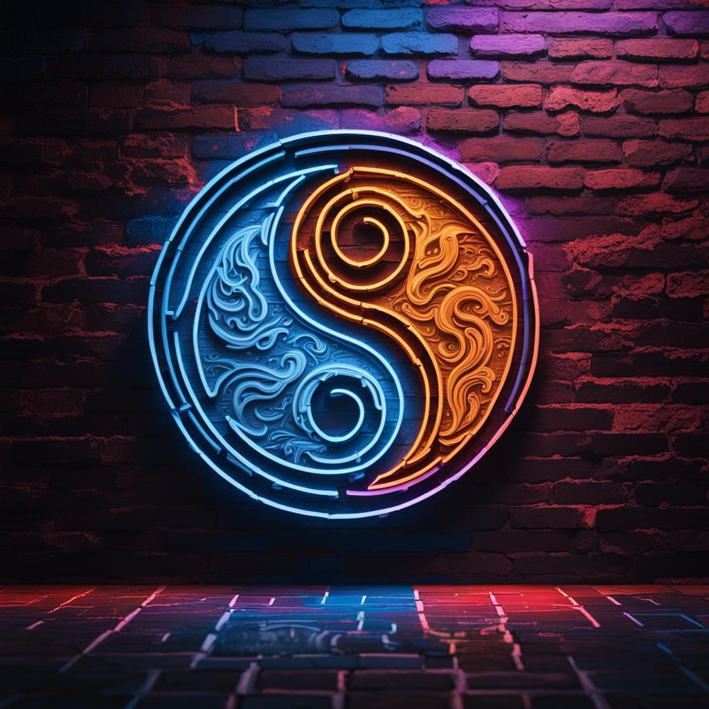 Neon Yin Yang Sign on Brick Wall