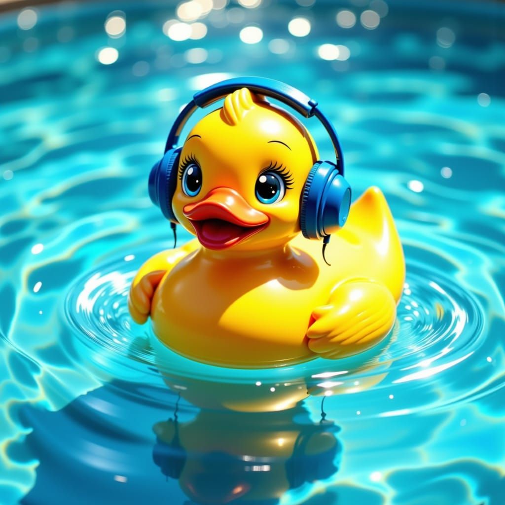 Yellow Rubber Duck with Headphones in Pool