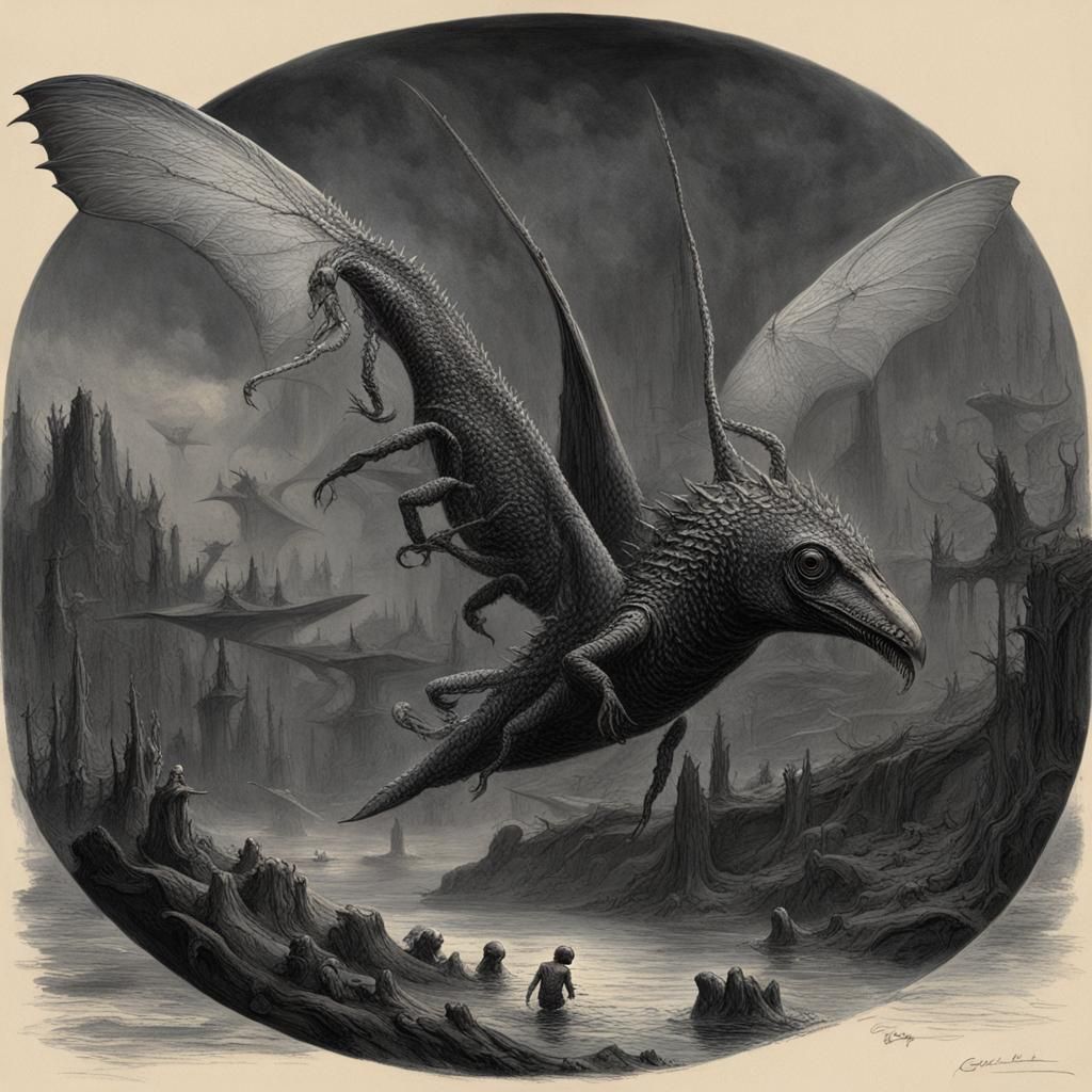 Grotesque Winged Crustaceans in Doré-Rutkowski Style