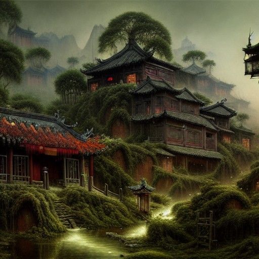 Overgrown Chinese Village: Gothic Digital Art