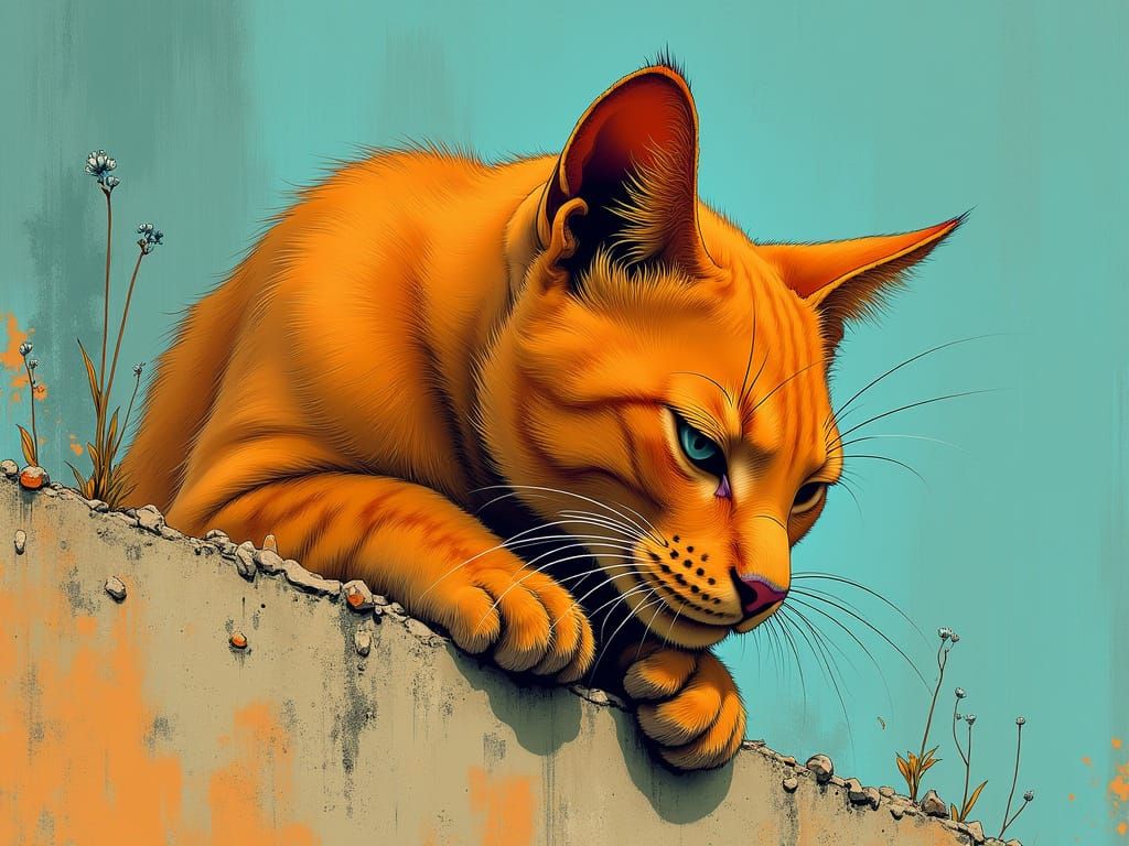 Sad Male Cat in Teal and Amber, Bold Lines