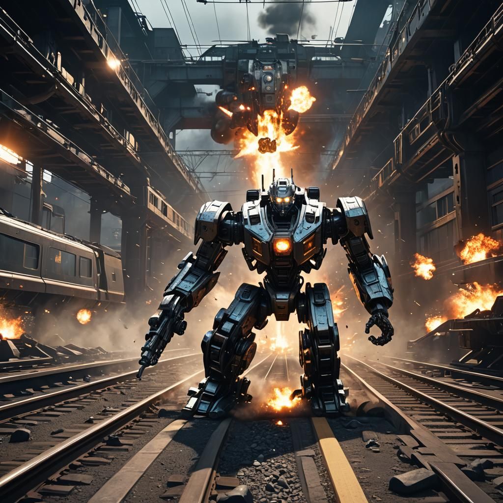 Robots Attack Train in Sci-Fi Cinematic Scene
